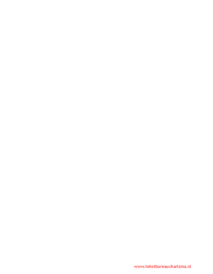  Over mij Schrijven Ik begon met schrijven toen ik 15 was en wist toen al dat ik er nooit meer mee wilde stoppen. IN 2011 verscheen mijn korte verhaal Elf November in de bundel Bergen Bloedt (Karakter Uitgevers), gevolgd door mijn debuut Nergens bij Uitgeverij Kluitman Alkmaar in 2012. Een jaar later verscheen mijn eerste young adult boek Jasper bij Uitgeverij Zilverspoor en in 2015 startte ik met het eerste deel in de Christopher Plum jeugdserie bij het Vlaamse Kramat. Inmiddels is de serie - die nu 4 boeken telt - overgenomen door Dutch Venture Publishing. Van mijn hand zijn ook enkele korte verhalen verschenen, waaronder een aantal monsterverhalen in de Junior Monsterboeken van Kramat. Echo (Kabook, 2017) was mijn eerste boek voor volwassenen en tevens mijn eerste (horror) thriller. In 2019 begon ik met het (zelf) uitgeven van Engelstalige boeken. Deze zijn te vinden door rechtsboven op de Britse vlag te klikken. Ik ben gek op fantasy verhalen, maar houd van nieuwe uitdagingen, zowel in genre als doelgroep. Ook geef ik mijn lezers graag een belangrijke boodschap mee. Omdat de ideeën ongeremd door mijn hoofd rollen, is het niet te voorspellen wat het volgende boek wordt. Zeker is wel dat ik zowel voor jeugd als voor volwassenen blijf schrijven. Opleidingen en werk Waar houd ik me zoal mee bezig naast schrijven? Na de lerarenopleiding begon ik als docent Engels, maar ik besloot dat het niet was wat ik wilde en sloeg een geheel andere weg in. Ik deed een cursus basisadministratie, basis boekhouding en PDL en werkte een tijdje als boekhoudkundig medewerker. Toch lag daar mijn hart niet. Ik besloot voor mezelf te beginnen en richtte mijn eigen tekstbureau op. Inmiddels werk ik vanuit mijn eigen bedrijf alweer een flink aantal jaren met veel plezier als freelance redacteur voor verschillende uitgeverijen en auteurs, en geef ik cursussen Engels, Nederlands en creatief schrijven. Voor het laatste volgde ik een opleiding tot docent creatief schrijven aan de HVA. (Meer) info over al mijn werkzaamheden is te vinden op: www.tekstbureaucharizma.nl 