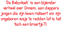 ‘De Babyvloek’ is een bijzonder verhaal over Onnem, een dappere jongen die zijn leven riskeert om zijn ongeboren zusje te redden (of is het toch een broertje?).